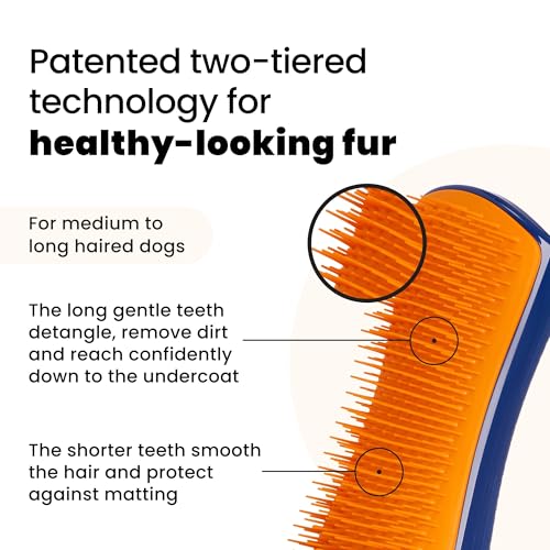 Pet Teezer Detangling Dog Grooming Brush, Dog Bath Brush for Long Haired Breeds and Wet or Dry Fur, Large, Navy & Orange