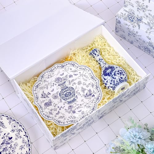 Whaline 3Pcs Blue Floral Paper Gift Box with Magnetic Closure Vintage Chinoiserie Toile Flower Print Present Packaging Box...
