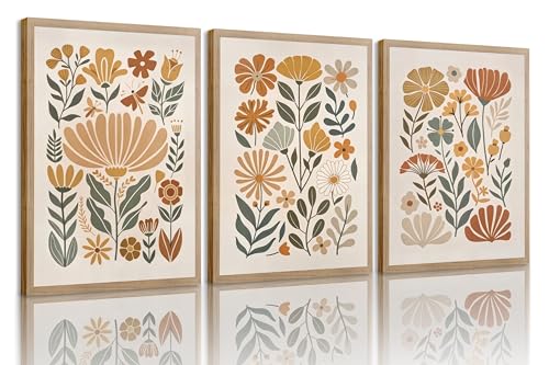 3Pcs Boho Abstract Floral Wall Art Minimalist WildFlower Wall Decor Pictures Modern Botanical Warm Earthy Tones Canvas Pos...