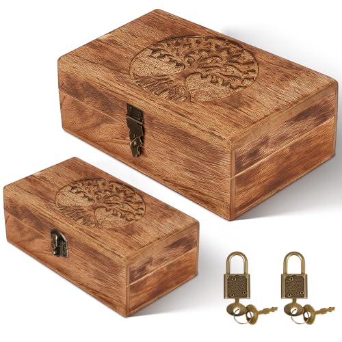 Vicenpal 2 Wooden Tree Keepsake Boxes with Lock, (8x5x3.2 inch & 7x3.7x2.8 inch), Handmade Decorative Treasure Chest Box, ...