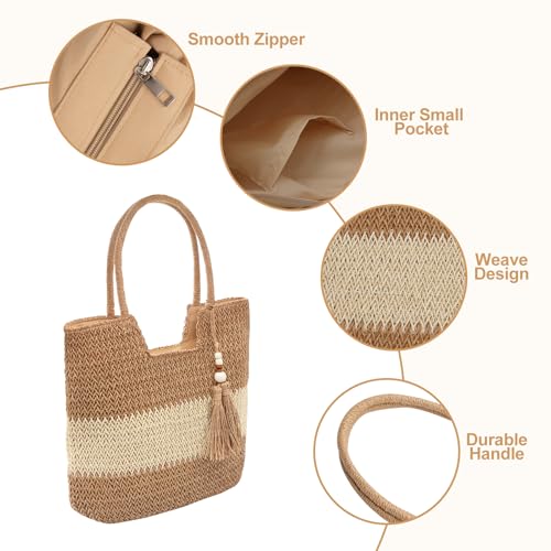 Long Keeper Beach Bags for Women Summer Straw Bag with Zipper Woven Shoulder Handbag Beach Tote Bags for Travel Vacation