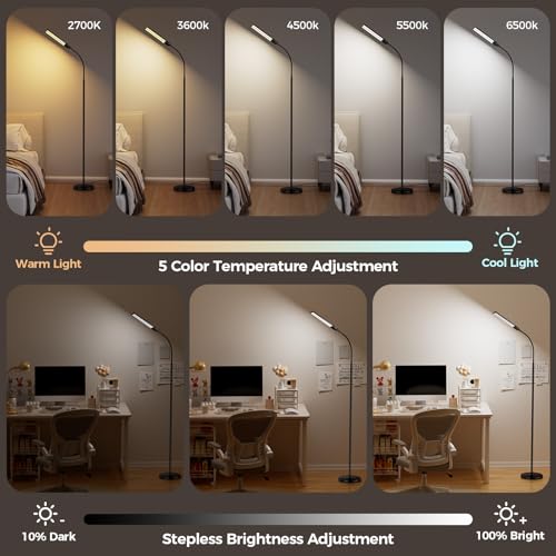 LED Floor Lamp for Living Room, Bright Reading Lamps for Office, Adjustable Colors Temperatures&Brightness, Dual Head Goos...