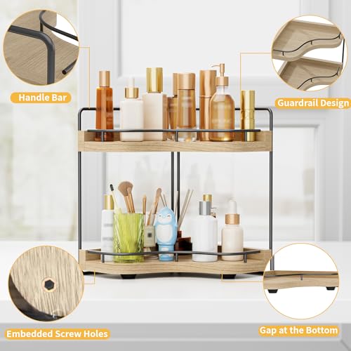 2-Tier Corner Bathroom Counter Organizer with Embedded Screw Holes, Secure & Stable Wood Vanity Shelf for Makeup and Skinc...