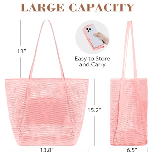 Tavaleu Mesh Beach Bag, Beach Bags for Women, Woven Straw Beach Tote Bag Waterproof with Inner Pocket, Packable Beach Bag
