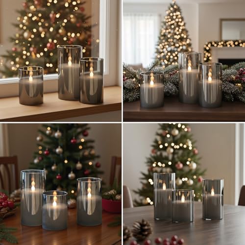 GenSwin Gray Glass Battery Operated Flameless Led Candles with 10-Key Remote and Timer, Real Wax Candles Warm White Flicke...