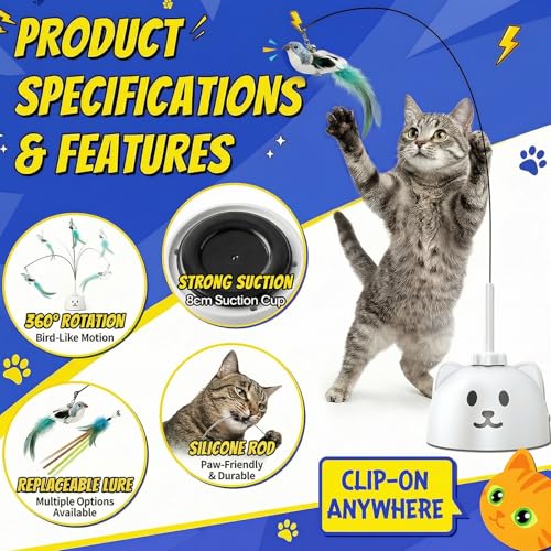 Interactive Cat Toys for Indoor Cats - Automatic Flying Bird Feather Toy, USB Rechargeable Electric Cat Teaser with Sticky...