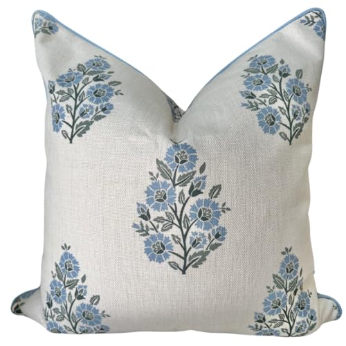 Jillien Harbor “The Camille” Floral Block Print Pillow Cover – Soft Blue and White Decorative Throw Pillow Cover – Grandmi...