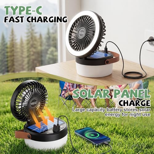 3-in-1 Camping Fan, Portable Solar Fan Rechargeable with LED Lantern, Battery Powered & Solar Camping Fan Light with Hangi...
