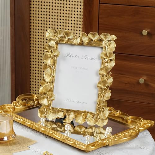 Cuspin 5x7 Picture Frame, Vintage Ornate Gold Resin Frame with Glass Front, Ginkgo Leaf Textured Photo Frame for Wall Hang...