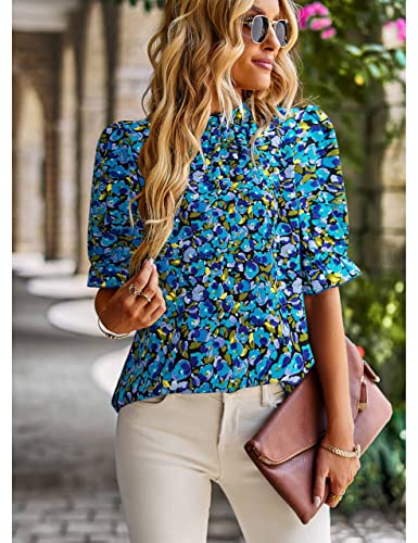ZILIN Women's Summer Boho Floral Shirt Top Ruffle Mock Neck Puff Short Sleeve 2026 Casual Blouses