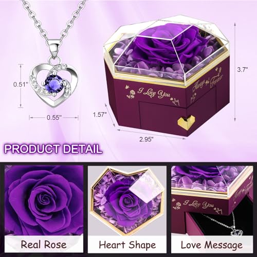minstely Heart Shape Preserved Real Rose Box with Necklace, Forever I Love You Roses Gifts for Her, Eternal Flowers Gifts ...