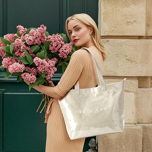 KALIDI PVC Zipper Tote Bag, Jelly Kraft Paper Beach Bag Large Hobo Carry All Travel Shopping Handbag Plastic Shoulder Bag