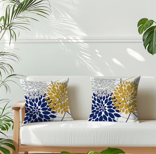 Decorative Throw Pillow Covers Set of 2 Double-Sided 18x18 inch White Linen Yellow Navy Blue Silver Grey Pillow Cases Farm...
