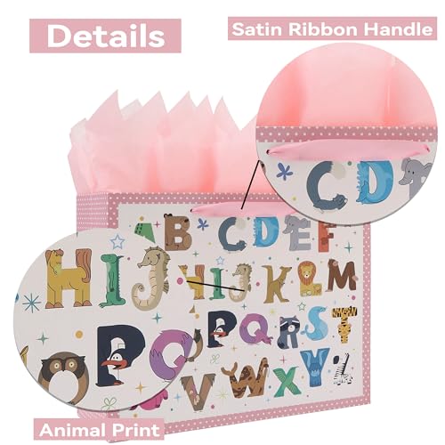 Qirrmiy 13'' Large Baby Girl Gift Bag Set with Handles, Greeting Card, Pink Tissue Papers and Stickers for Baby Girls Kids...