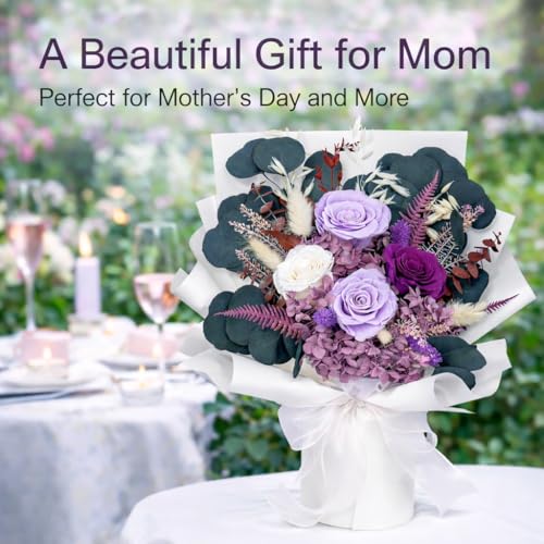 Bonsion Preserved Flowers for Delivery, Purple Rose Bouquet Gift for Women and Mom, Long Lasting Floral Arrangement for Bi...
