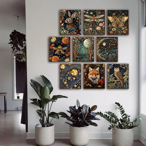 Morris Wall Paintings poster Set of 9, Vintage Rabbit Fox Starry Sky Bee Butterfly Dragonfly Poster Prints, Botanical Natu...