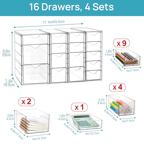 Vtopmart Acrylic Organizer with 16 Drawers (4 Set),Clear Storage Drawers for Office Supplies,Desk Organization and Storage...