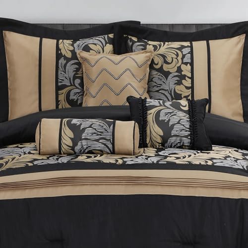 LANCO MODERN LIFESTYLE Black Gold Queen Comforter Set, 7 Piece, Gorgeous Floral Jacquard with Piecework, Soft for All Seas...