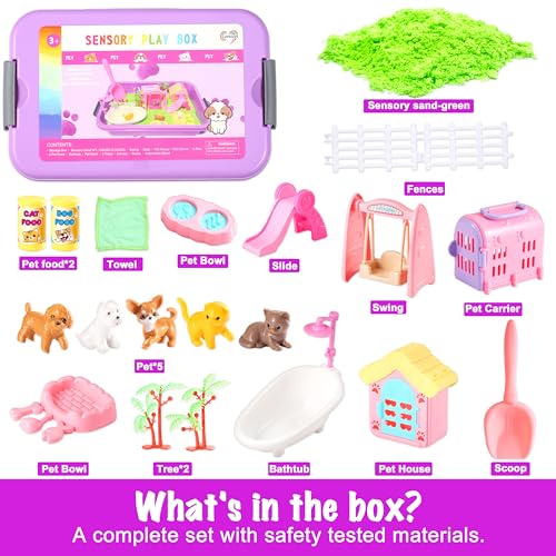 Carolart Pet Sensory bin,Dog and Cat Sandbox for Kids,Kids Play Sand Kit,Pet Play Set with Sensory Sand,Pet Care Play Set,...