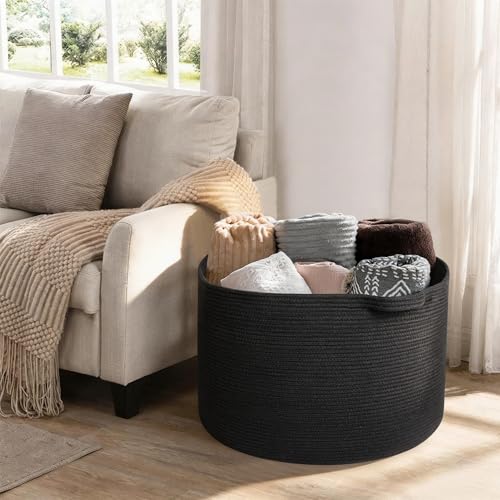 MEGASKET Large Black Blanket Basket, 22" X 22" X 14" Woven Rope Bin for Storage, Kids Dog Toy Storage Box Organizer Bins, ...