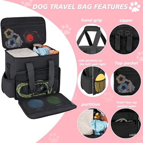 LASUK Dog Travel Bag, Large Pet Travel Set with Multi-Function Pockets, 2 Food Storage Containers, 2 Collapsible Bowls, 1 ...