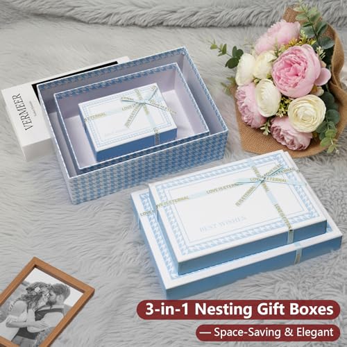 Giftilious Gift Boxes With Lids, Set of 3 Blue Gift Boxes For Presents, Elegant Present Boxes For Gifts, Assorted Gift Wra...