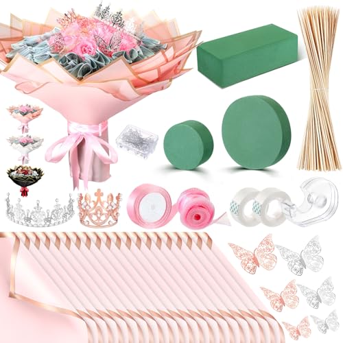 XunYee Bouquet Kit 20 Sheet Flower Wrapping Paper 100 Pcs Bamboo Skewers Floral Foam Blocks for Anniversary Birthday Gift ...