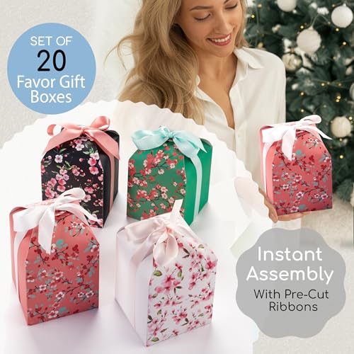Floral Gift Boxes with Lids & Ribbons (20 Pack) 6” x 5” Decorative Printed Treat Boxes for Gift Giving, Cookie Tins, Mitha...