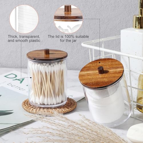 4 Pack Qtip Holder Dispenser with Wood Lids - 10 oz Clear Plastic Apothecary Jar Containers for Vanity Makeup Organizer St...