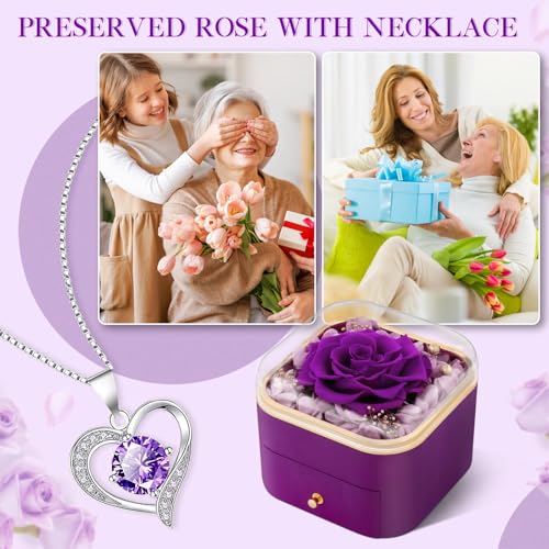 Beferr Birthday Gifts for Women Preserved Real Rose with Necklace Eternal Purple Roses Forever Flowers for Delivery Annive...