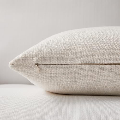 Meekio Set of 2 Ivory Throw Pillow Covers 18x18, Modern Farmhouse Linen Blend Decorative Pillow Covers for Couch Sofa Bed,...