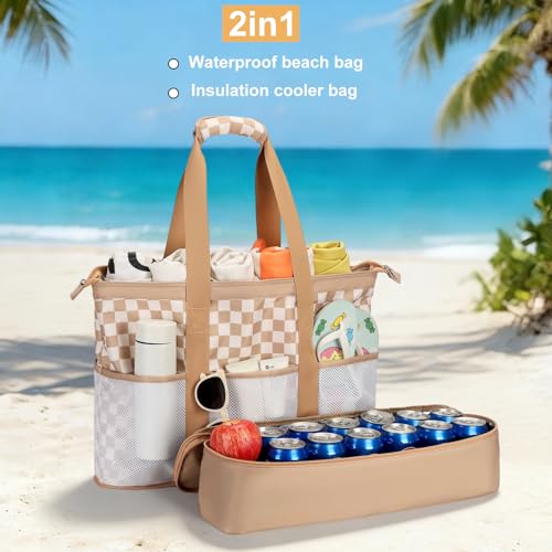 Octsky Beach Bags with Cooler Women Beach Tote Bag Waterproof Sandproof Zipper Large Pool Bag 9 Pockets