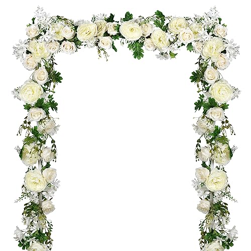 Lvydec 2 Pack Artificial Peony Garland - 6ft Silk White Peony Flower Arch Vine for Wedding Party Table Decoration
