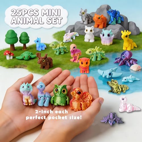25Pcs 3D Printed Animals , Articulated Fidget Toy, Desk Pet for Students, Pocket Pets for Anxiety Relief, 3D Printed Fidge...