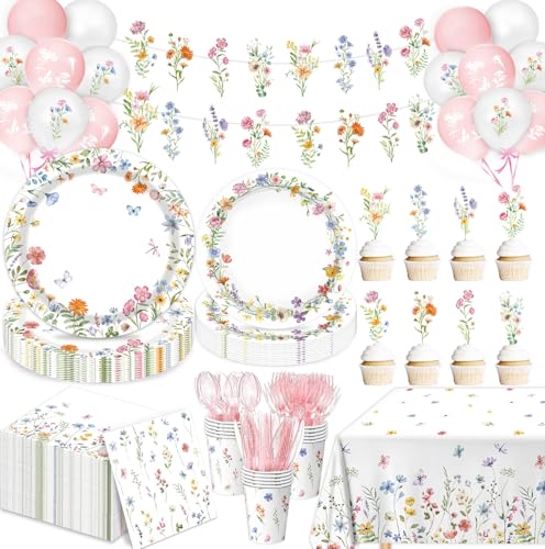 LINHAXM 175 PCS Spring Wildflower Party Decorations include Plates, Cups, Napkins, Cutlery, Cake Toppers, Banner, Tableclo...