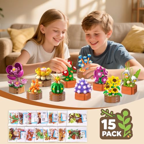 HOGOKIDS 15 Pack Flowers Succulents Mini Building Set for Adults Kids - Gift for Mothers Day, Flower Plant Botanical Colle...