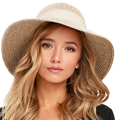 FURTALK Womens Beach Sun Straw Hat UV UPF 80+ Travel Foldable Brim Summer UV Hat