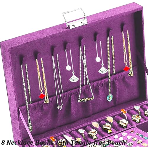QBestry 3-Layer Jewelry Box for Women with Lock and Key & Drawer, Large Jewelry Organizer with 8 Necklace Hooks & 56 Earri...