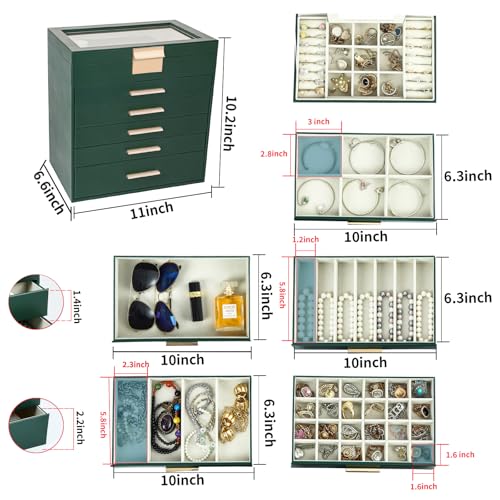 BOOVO Jewelry Box for Women, Green 6 Layer Large Jewelry Organizer with Glass Lid for Necklace, Bracelet, Earrings Storag...