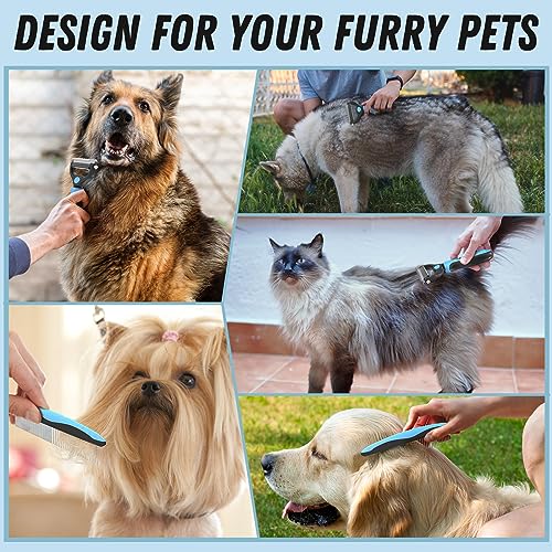 Docrok Pet Grooming Combo - Blue Deshedding Brush with Metal Comb for Detangling and Dematting Long, Matted Fur on Cats an...