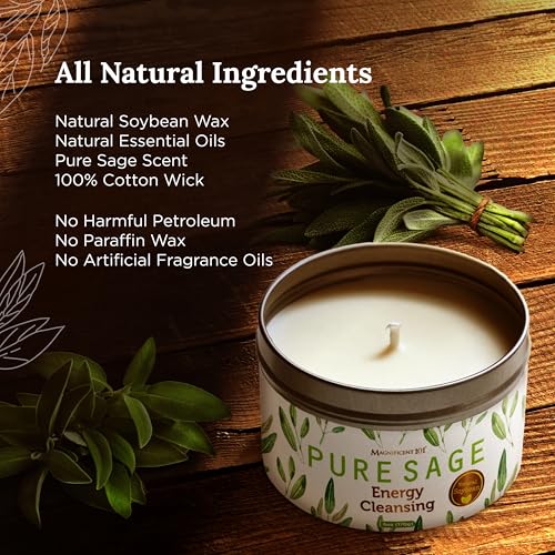 Magnificent 101 Long Lasting Pure White Sage Candle - 6 Oz - 35 Hour Burn Time - Organic, All Natural, Soy Candle to Clean...