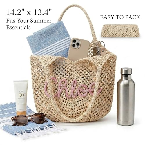 OHWIPI Personalized Crochet Beach Bag for Women, Custom Name Woven Tote Bag, Hand Embroidered Text, Lightweight Summer Bea...