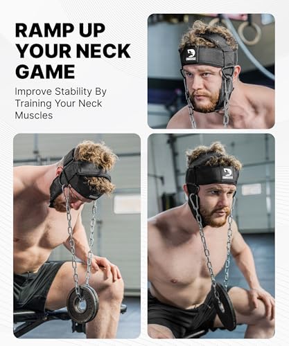DMoose Fitness Neck Harness for Weight Lifting - Soft Padded Head & Chin Strap with 30" Heavy Duty Steel Chain - Neck Exer...