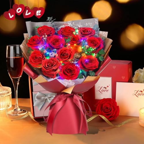 ADDWel 12 Preserved Red Roses Bouquet - Real Roses That Last Years, Romantic Anniversary & Birthday Gifts for Wife, Girlfr...