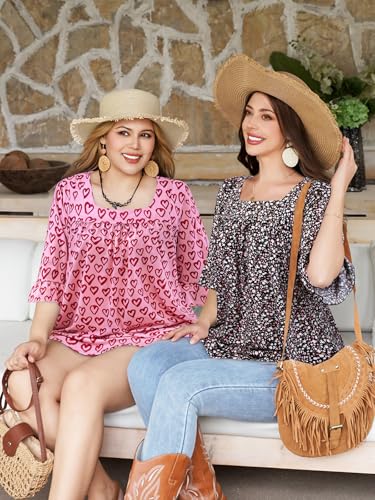 Siddhe Womens Plus Size Tops Loose Fit 3/4 Ruffle Sleeve Blouses Square Neck T Shirt Casual Tunic Tops(1X-5X)