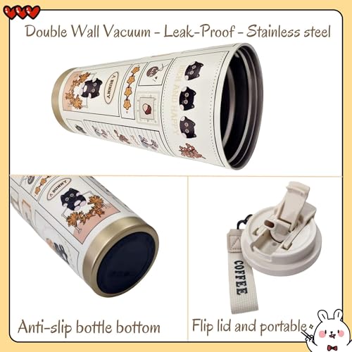 WeiTeTaLuo 16 oz Travel Coffee Mug, 316 Stainless Steel Water Bottle, Cat Insulated Coffee Mug with Lid and Straw, Leakpro...