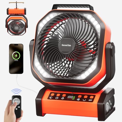 Socool Camping Fan with Light, 20000mAh Rechargeable Battery Fan with Remote, 112Hrs & 8 Speeds, Digital Display, Timer, A...