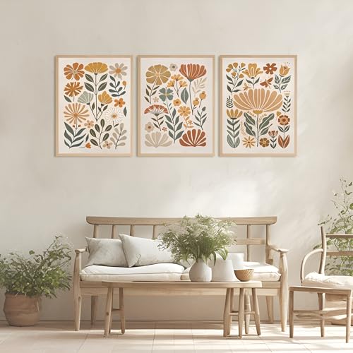 3Pcs Boho Abstract Floral Wall Art Minimalist WildFlower Wall Decor Pictures Modern Botanical Warm Earthy Tones Canvas Pos...