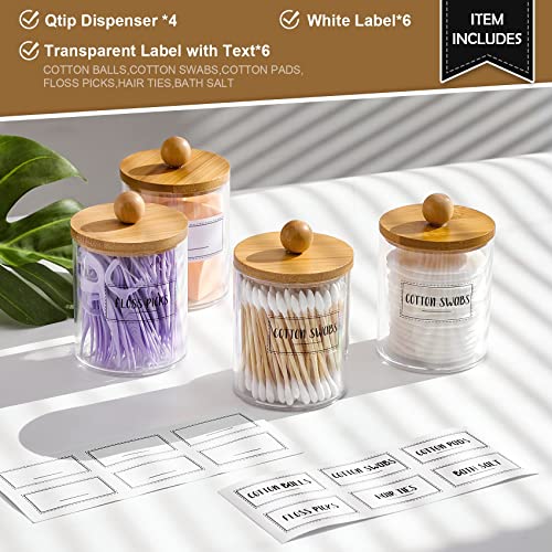 4 Pack Qtip Holder Dispenser with Bamboo Lids - 10 oz Clear Plastic Apothecary Jar Containers for Vanity Makeup Organizer ...
