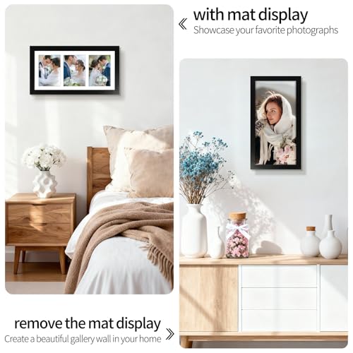 Golden State Art, 7x14 Black Photo Wood Collage Frame with Mat displays (3) 4"x6" Pictures